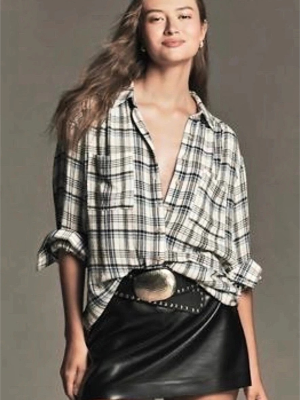 Pilcro The Hadley Relaxed Plaid Buttondown Shirt White & Blue XXS